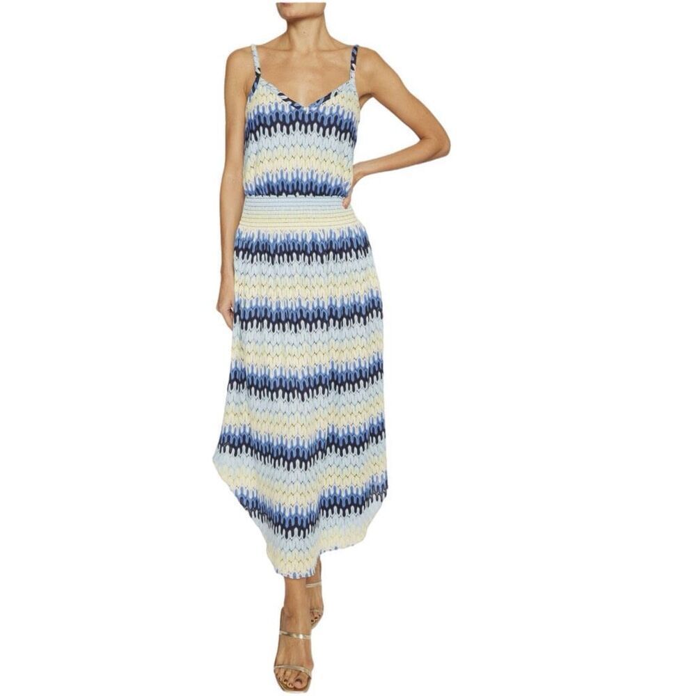 NWT Ramy Brook “Dorothy” smocked waist knit midi dress. Multi blue color Size L